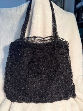 Black Crochet Wire mesh bag with rosette and black beads for events/ evenings